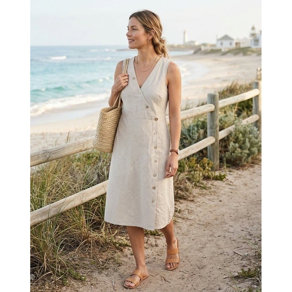 Soft Surroundings Dress Womens XL Tan Striped Hemp Cotton Asymmetric Button Midi